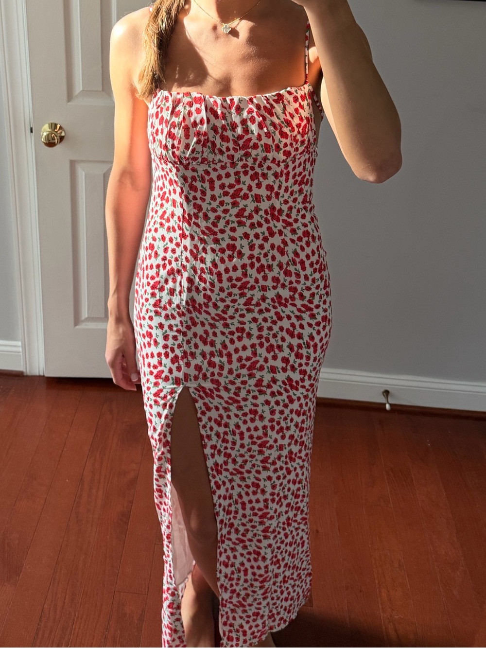 Princess Polly White Maxi Dress with Red Floral Print and Side Slit